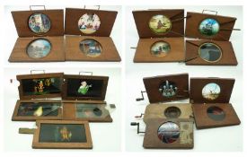 A large collection of 19th Century Mechanical Magic Lantern Slides, to include: ten Chromatrope type