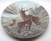A large 20th Century Austrian Wall Plaque, decorated with a scene of stag and hinds in a mountain