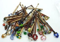 Forty mixed modern Treen Lace Bobbins with bead spangles