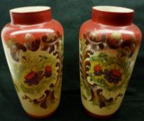 A pair of French Opaque Glass Vases, decorated with painted floral design on a cream and blue iron