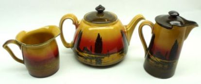 A composite Doulton Tea Service, comprising Teapot and Hot Water Jug in the Poplars at Dawn pattern;