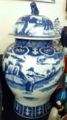 A 20th Century large Oriental Covered Jar of baluster form, decorated in underglaze blue with