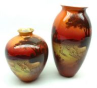 Two Royal Doulton Vases, both decorated with pastoral scenes with sheep at sunset (repairs to lips),