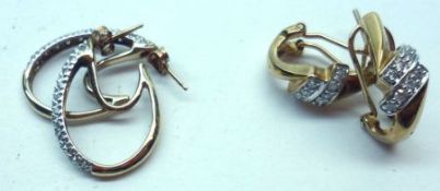 A pair of hallmarked 9ct Gold Curve Design Earrings, set with small brilliant cut Diamonds to one