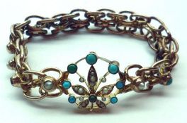 A Victorian Gold Fancy Link Bracelet, set with Seed Pearls and Turquoise stones (one turquoise stone