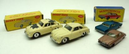 Dinky Toys two Cream Porsche 356A Coupes, No 182, both with original boxes, (one with poor
