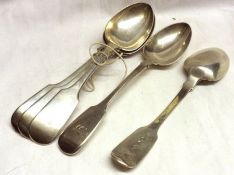 A set of three Victorian Fiddle pattern Dessert Spoons, Exeter 1848; together with two further