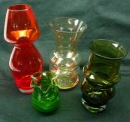 A group of four assorted 20th Century Coloured Art Glass Vases, the largest 10” high