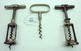 A Mixed Lot of three Vintage Corkscrews comprising: two “T” Bar and Ratchet examples and a further