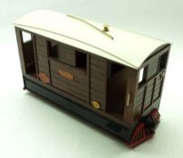 A narrow gauge 0-4-0 Garden Railway Battery Powered Tram, faux plank sides, wooden body, red painted
