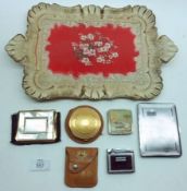 A Mixed Lot: Various Compacts, Chromium Cigarette Case, Tray, etc