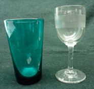 Four Edwardian Clear Sherry Glasses with cut detail; together with three Turquoise Glass Tumblers (