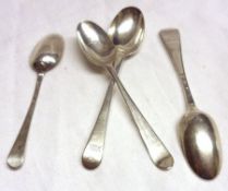 A Mixed Lot of four early Georgian base-marked Teaspoons, three in Hanoverian pattern and one in Old