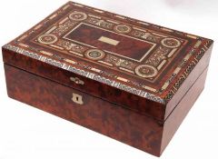 A Victorian Burr Walnut and Mother-of-Pearl inlaid Writing Box, top inlaid with geometric and floral