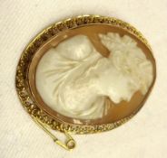 A hallmarked yellow metal Shell Cameo Brooch of classical lady, filigree edge, 39mm x 31mm,