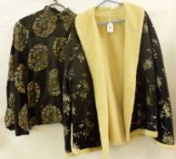 A Vintage Chinese Black Silk Jacket, decorated with Ivory Chrysanthemum detail, faux Fur lined