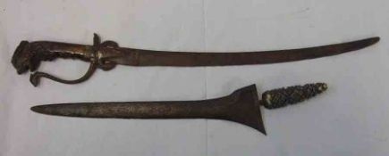 Singalese Dagger, 15” blade, carved horn hilt + Vintage Dirk, curved blade 13”, carved wooden grip