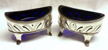 A pair of George III oval Salts in Neo-Classical style, having prick engraved and pierced decoration