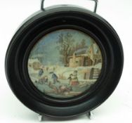 A small coloured Prattware Pot Lid: “Dangerous Skating” mounted in dark stained wooden socle,