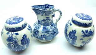 Two Royal Cauldon Blue and White Ginger Jars and a Mason’s Octagonal Jug with Willow Pattern design,
