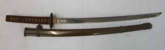 Japanese Sword, curved blade 22 ½”, iron tsuba, cord bound sharkskin grip, metal scabbard