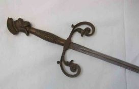 Vintage Italianate Court type Sword, etched blade 32 ½”, wire-bound grip, helmet finial