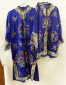 A Blue embroidered Chinese Coat together with a Kimono style short Jacket