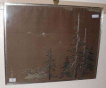 An Oriental Silk Embroidered Picture depicting tree tops and bird etc, 17” x 22”