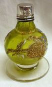 A late Victorian blown green glass baluster Scent Bottle with hand painted floral decoration,