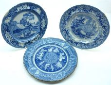 A Mixed Group: three 19th Century blue and white Plates, to include one Rogers decorated with deer