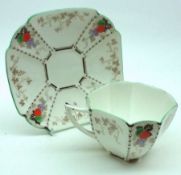 Four Shelley Art Deco period Octagonal Cups and Saucers, decorated with stylised foliage, Reg No
