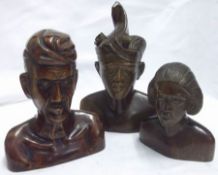 A collection of three Hardwood Busts of Eastern origin, 6”/8” high (3)