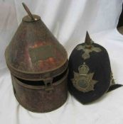 Edwardian East Kent Regiment Officers Blue Cloth Spiked Helmet, gilt mounts, badge and leather-