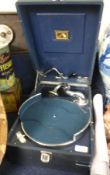 His Masters Voice Portable Gramophone in blue fitted case