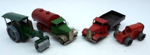 Four Tri-ang Minic Tinplate Clockwork Vehicles, to include: Tractor (Caterpillar tracks and seat