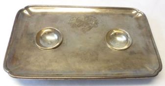 A small George II Rectangular Inkstand with indented corners and two small dished bowls to the