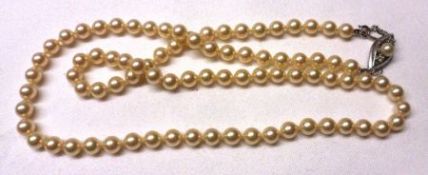 A cased Single Strand Majorcan un-graduated pearl-type Necklet with Pearl mounted clasp
