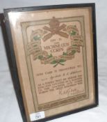 Great War period Machine Gun Corps Presentation Card to 13281 Sergeant Instructor A W Whitmore,