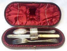 A good Victorian Cased Four Piece Christening Set, comprising Knife, Fork, Spoon and Serviette Ring,