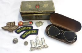 Pair WWII period Tank Glasses, cased + some Badges