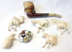 A Mixed Lot comprising: five small Carved Ivory Animals (all with damage); Carved Meerschaum Pipe