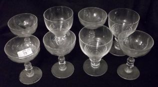 A set of five decorative Saucer Champagne Glasses, the rims each etched with Gothic Crosses;