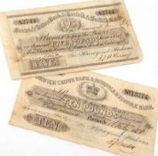 Packet: two Norwich Crown Bank and Norfolk and Suffolk Bank Notes, Five Pounds A2744 dated 1869, Ten