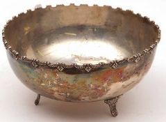 A foreign white metal Circular Fruit Bowl, with applied rope twist wavy edge and standing on three