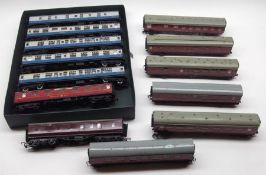 A Mixed Lot of various Hornby Dublo Coaches, including Restaurant and Sleeping Cars, blue and red