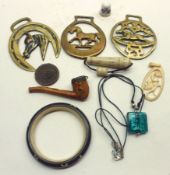 A Mixed Lot: Horse Brasses, Vintage small Pipe, Bone or composition Bangle, Pendant etc