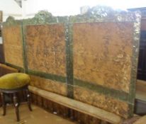 A Victorian Brass Mounted Three Fold Screen, each panel with a pediment embossed with unicorns and