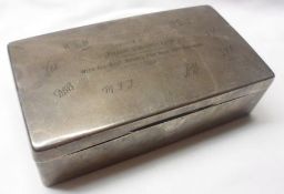 A George VI Silver Encased Cigarette Box of plain rectangular form, the lid with presentation