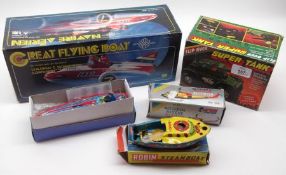 Five various Tinplate Toys: Great Flying Boat; Super Tank; Speedboat; Robin Steamboat; Rescue