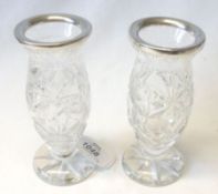 A pair of cut glass Specimen Vases with applied Silver Collars, 5 ½” tall, London 1933, (marks